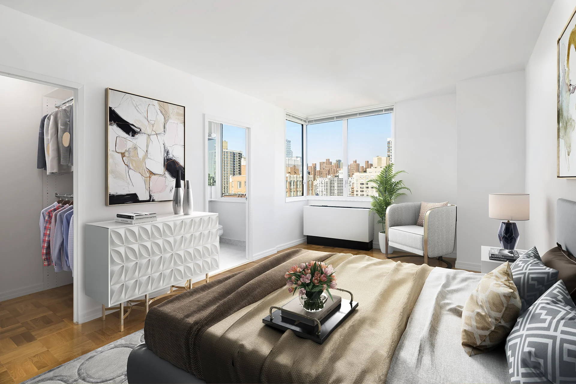 View of Gracie Mews staged bedroom located in the F line at 401 East 80th Street